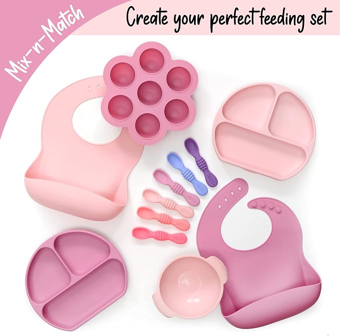 PrimaStella Unbreakable Silicone Non-Slip Baby & Toddler Plate and Spoon Feeding Set - Pink