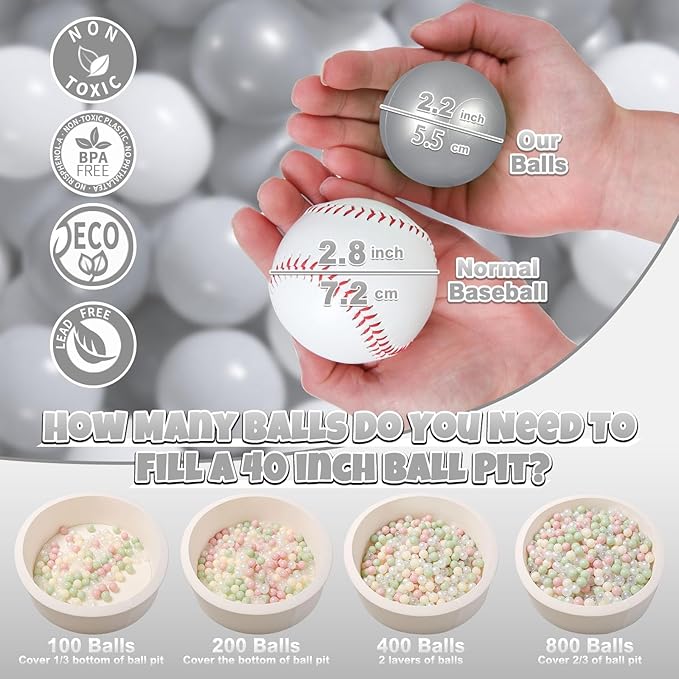 GOGOSO Ball Pit Balls for Toddler, Baby Plastic Playballs Kids Soft Pastel Pelotas Non-Toxic BPA-Free Gray+Pearl Gary+ White, 500 Balls