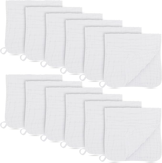 12 Pack Muslin Burp Cloths - Large 20" x 10", Ultra Absorbent 100% Cotton for Baby Drool and Messes - Soft, Gentle Baby Burp Rag for Boys & Girls -White
