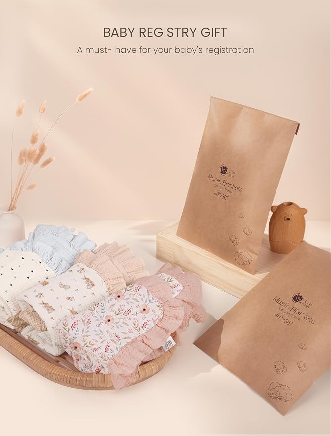 lulumoon Muslin Baby Blanket for Girls: Soft Breathable Cotton Crib Blanket with Ruffle - Floral Print Lightweight Receiving for Wrap Newborn & Nursery Stroller 40"x36"(Pink Flower)