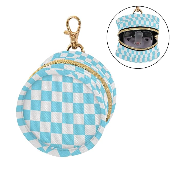 Checkered Plaid Sky Blue Print Pacifier Holder Case with Metal Clip Portable Pacifier Storage Container Box for Baby Boys