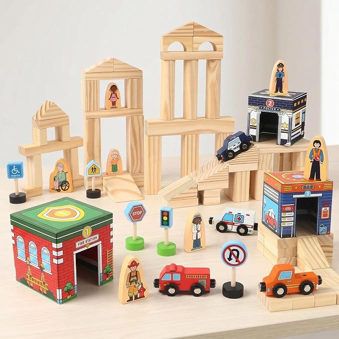 Atoylink Kids Building Blocks for Toddlers 1-3, 108Pcs Wooden Stacking Toys with Community Helpers & Magnetic Wooden Cars Signals, Baby Nesting Boxes Preschool Learning Toys for Boys Girls Gift