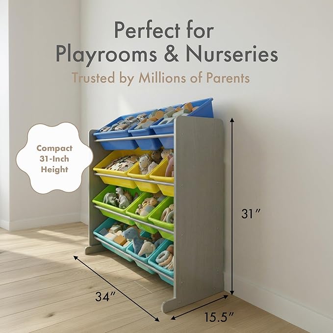 Humble Crew Kids Toy Storage Organizer with 12 Plastic Bins, Grey/Blue/Green/Yellow ??Removable Bins for Playroom, Bedroom, Toddler Furniture for Boys and Girls Ages