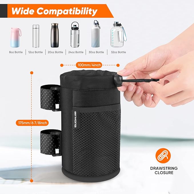Belinous Scooter Cup Holder for 8-32oz Bottles, Wheelchair Walker Water Bottle Holder for UTV Roll Bar Bike e-Bike Golf Cart and Boat, Drink Holder with Net Pockets and Hook and Loop Straps