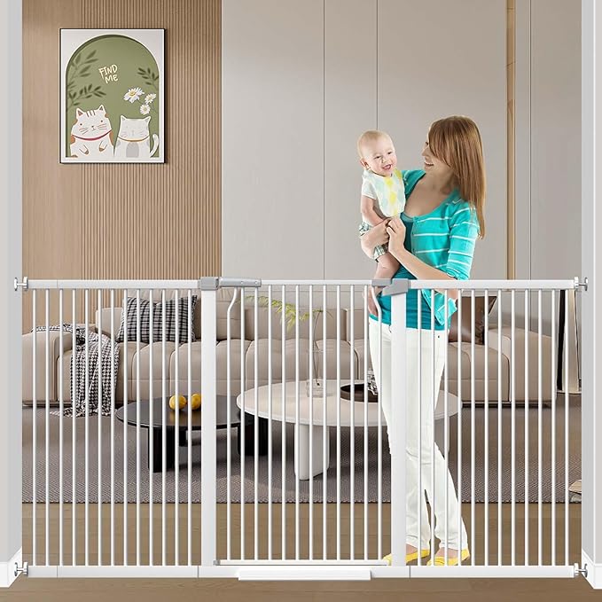 Fairy Baby 40.5" Extra Tall Baby Gate, 72.3"-76.7" Extra Wide Long Pet Gate, Metal Auto Close Safety Child Gate Indoor, Pressure Mounted Dog Gate No Climb Fence for Stairs Doorways Kid or Pet, White