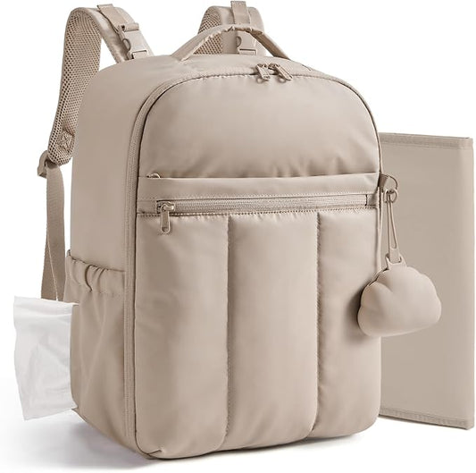 BAGSMART Baby Diaper Bag Backpack, Lightweight Puffy Diaper Bag with Insulated Pockets& Pacifier Case, Travel Stroller Straps with Waterproof Changing Pad, Camel