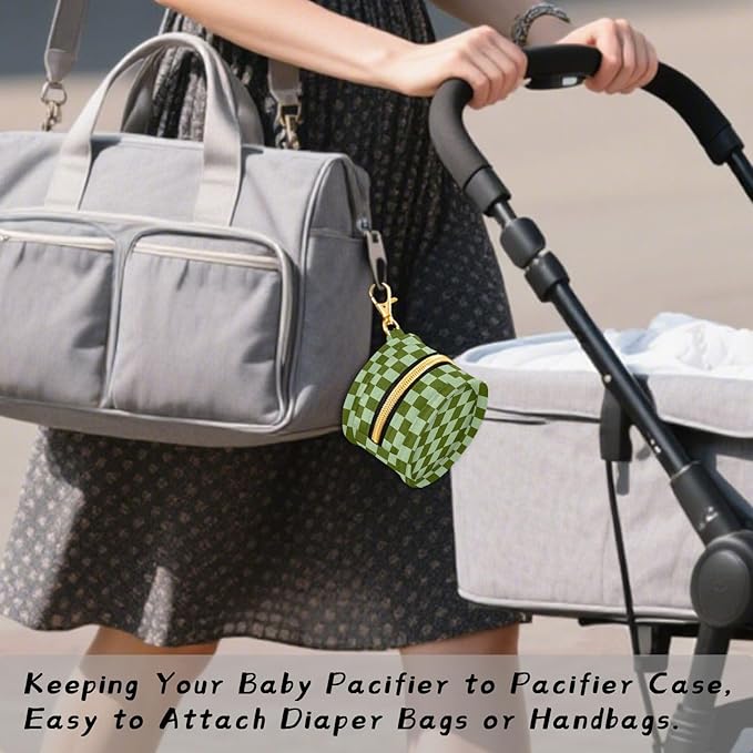 Green Checkerboard Plaid Pacifier Holder Case Newborn Pacifier Storage Pouch for Boys Girls Easy Attach to Diaper Bag Portable Baby Essentials Container