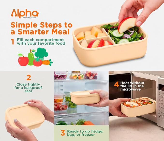 Silicone Bento Box for Kids, 3 Compartment Lunch Box, Small Portions, BPA Free Snack Container, Leak Resistant, Easy to Clean, Dishwasher Safe