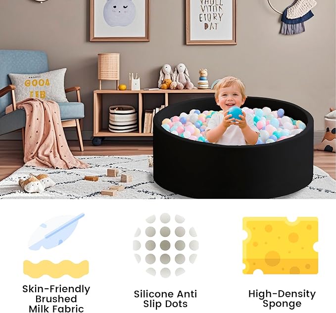 Zedachica Ball Pit for Toddlers 35.43''x11.81 Baby Ball Pits Soft Memory Foam Ball Pit Round Kids Ball Pit Indoor Game Kids Play Ball Pool Ideal Gift for Girls and Boys (Black, NO Balls)