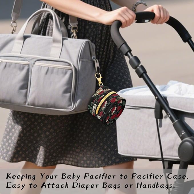 Pacifier Holder with Clip Pacifier Case for Diaper Bag Round Baby Pacifier Pouch Box Bag Portable Mexico Skull Rose Flowers Red