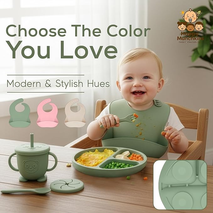 Silicone Baby Feeding Set | 9 PCS Baby Led Weaning Supplies Feeding Utensils | Divided Suction Plate Bowl Bib Cup Baby Spoons Forks | Toddler Eating Essentials-6+ Months (Light Green)