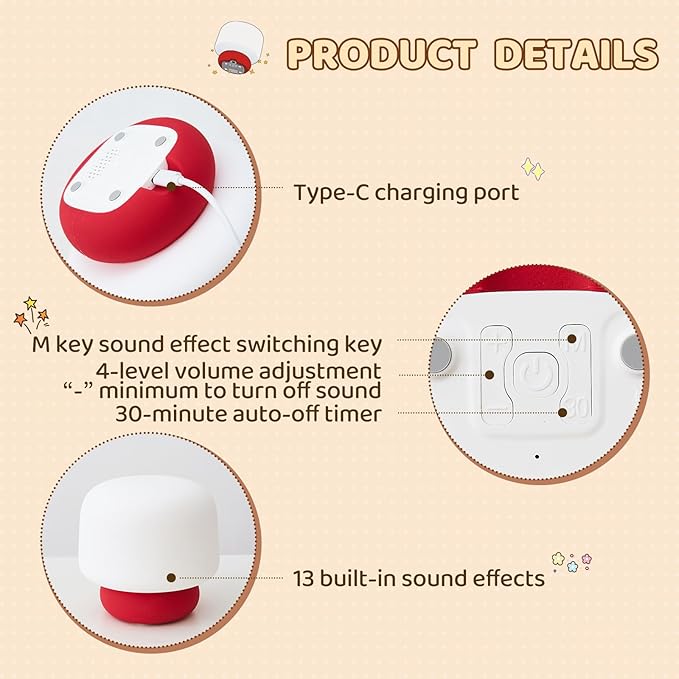Mushroom Night Light for Kids-Gift & Toy for Kids, Touch Lamp with Sounds&Sleep Music, Squishy Silicone, Eye-Safe LED, 30-Min Timer, Dimmable Rechargeable Bedside Table Lamp ??Gift for Boys & Girls