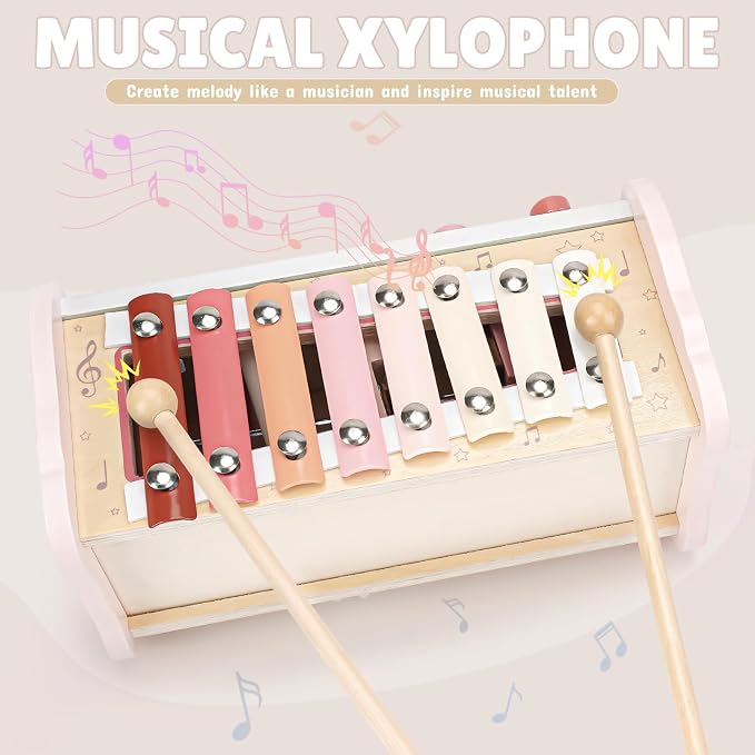 Joyreal Montessori Toys for 1 Year Old Girl Gift - Pink Wooden Hammering Pounding Toy with Xylophone & Fishing Game - Toddler Learning Activities for Kids 1+ 2 3 Year Old Christmas Birthday Gifts
