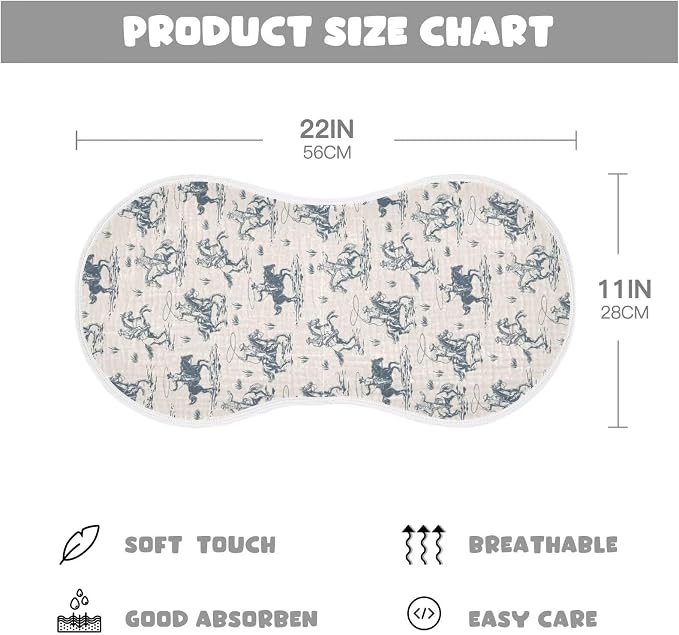 Cowboys Horse Western Baby Muslin Burp Cloths Set of 1 Vintage West Desert Muslin Washcloths American Wild Milk Spit Up Rags Soft Newborn Towel for Unisex Boys and Girls, 22 x 11 Inch