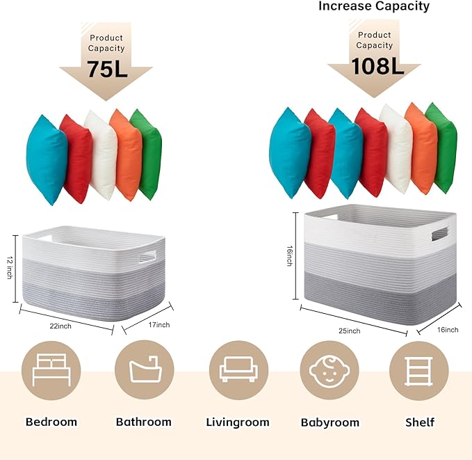 OIAHOMY Large Blanket Basket, 22?�x17?�x12??Rectangle Woven Baskets, Nursery Blanket Storage Living Room, Toy Storage With Handle, Large Baskets for Organizing-Gradient Grey