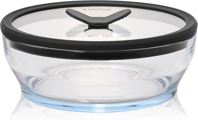 Anyday 4-Cup Glass Food Storage with Glass Lid, Round Shallow Dish | Plastic-Free Meal Prep & Microwave Cookware | Stackable Airtight Storage Container with Vented Lid for Microwave-Safe Reheating