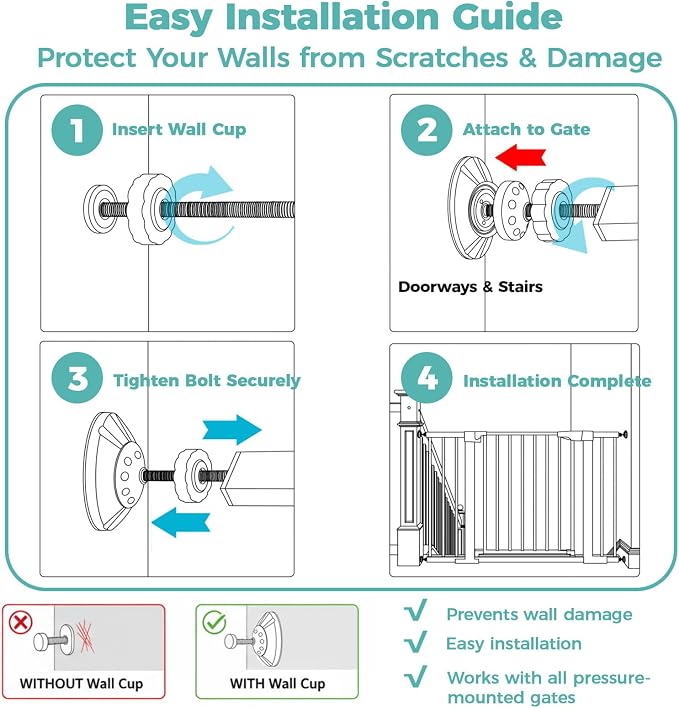 Baby Gate Wall Protector 4 Pack, Wall Cups with Hidden Bolt Covers for Pressure Mounted Baby and Pet Gates, Fits M8/M10 Spindle Rods, Protects Walls and Baseboards