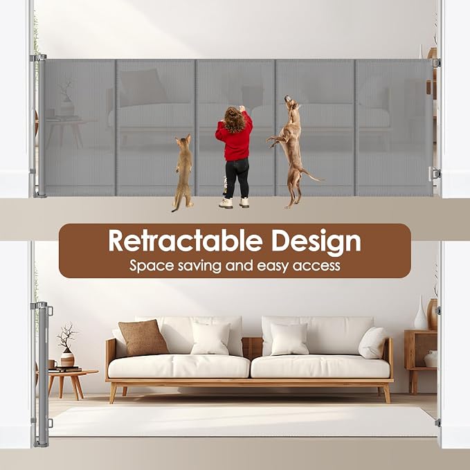 Reinforced 48" Extra Tall X 100" Extra Large Baby Gates for Wide Openings Long Dog Gate for Doorway Mesh Gates for Pets Retractable Dog Gate Indoor/Outdoor Tall Baby Gate for Cats, Gray