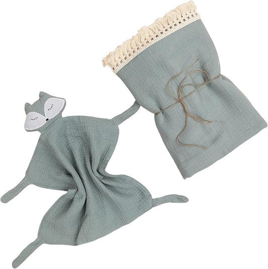 Cotton Muslin Baby Blanket with Tassel,Fox Lovey Security Blanket,Soft Breathable Nursery Decor,Nursing Cover for Newborn Infant Toddler 47"x47"(Dark Green)