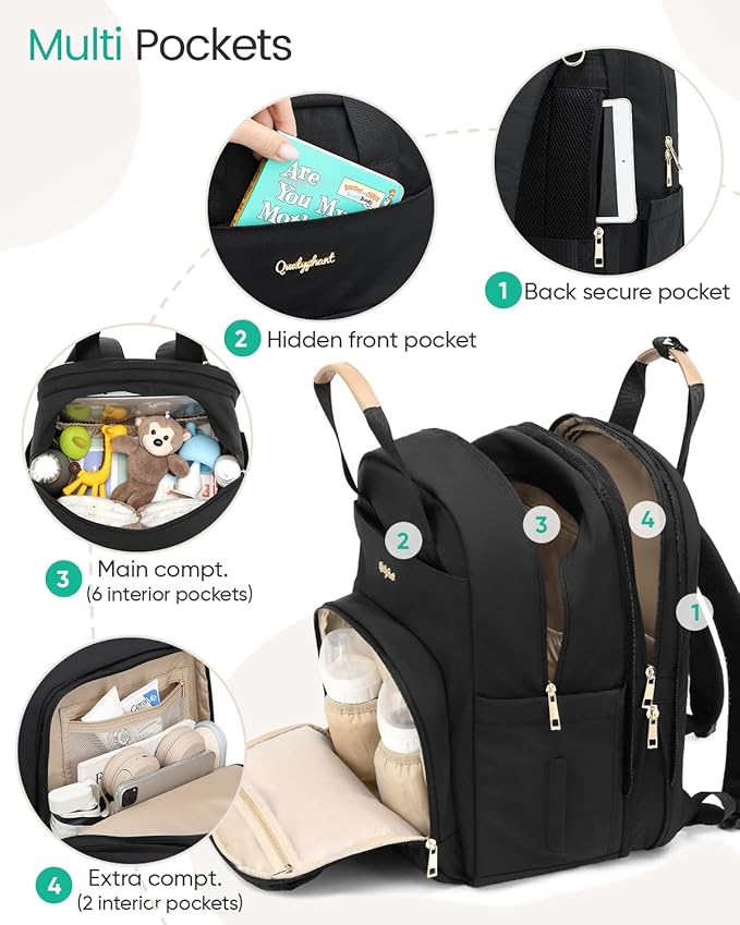 Qualyphant Extra Large Diaper Bag Backpack for Two Kids Twins - Expandable (26-36L) Baby Bag for Mom Girls Boys, Dual Big Compartments - Includes Changing Pad & Stroller Straps, Black, Quilted