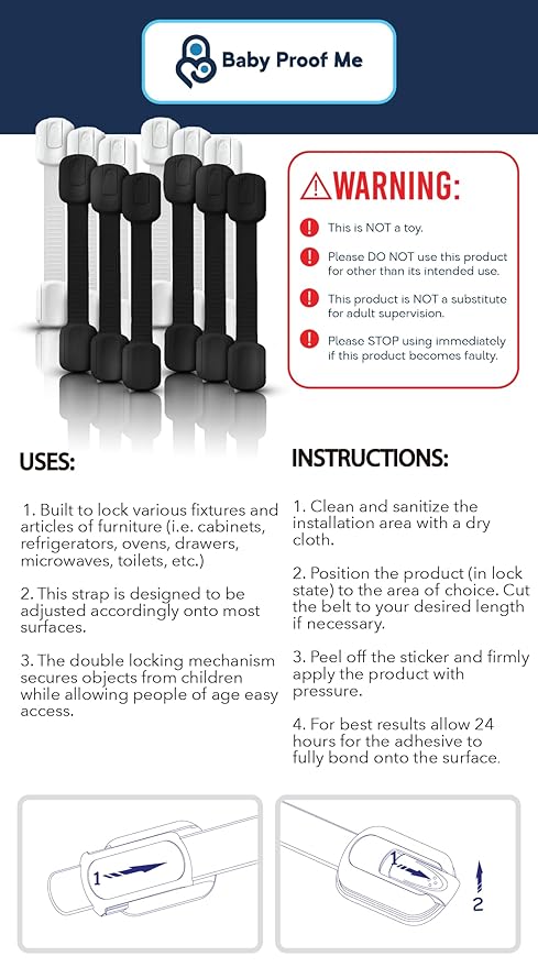 3M Adhesive Child Safety Strap Locks by Baby Proof Me, Baby Latches for Cabinets, Dishwashers, Fridges, Ovens and Trash Cans, Stain Free Toilet Lock (White, 24 Safety Latches)