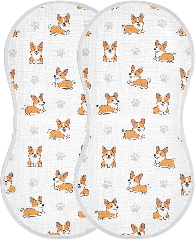 2 Pack Muslin Burp Cloths Cute Corgi Dogs White Cotton Baby Burp Cloths Extra Absorbent and Soft Thick Burping Cloth for Newborn Boys Girls 22x11 Inch