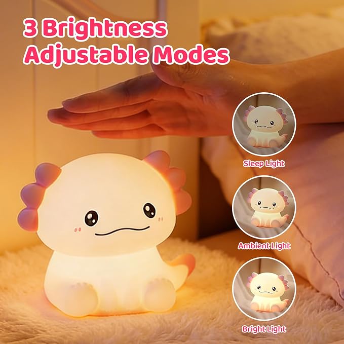 Axolotl LED Night Light, Silicone Touch Lamp for Bedroom with 7 Colors Timer and Dimmable 3-Level Squishy Warm Cute Night Lights, Rechargeable Animal Lamp for Bedroom Decor Birthday Gift