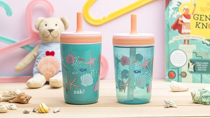 Zak Designs Shells Kelso Tumbler Set, Leak-Proof Screw-On Lid with Straw, Bundle for Kids Includes Plastic and Stainless Steel Cups with Bonus Sipper (3pc Set, Non-BPA)