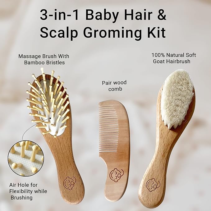 Infant Hair Brush and Comb Set for Newborns and Toddlers - Natural Wooden Hairbrush with Soft Goat Bristles for Cradle Cap - Perfect Scalp Grooming Massage for Baby Registry Gift