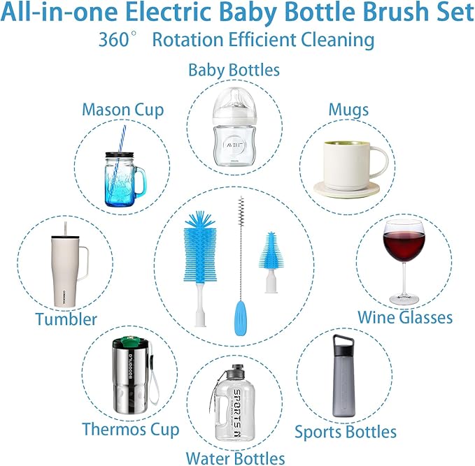 Electric Bottle Brush Cleaner, Portable Rechargeable Baby Bottle Cleaner Kit for Travel with Silicone Nipple & Straw Brush, Drainage Rack, Storage Box(Sky Blue)