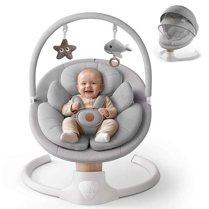Baby Swings for Infants, FasonBaby Electric Baby Swing with 10 Preset Melodies, 5 Speeds, Remote Control and Bluetooth - Portable Infant Swing for Indoor and Outdoor(Grey)