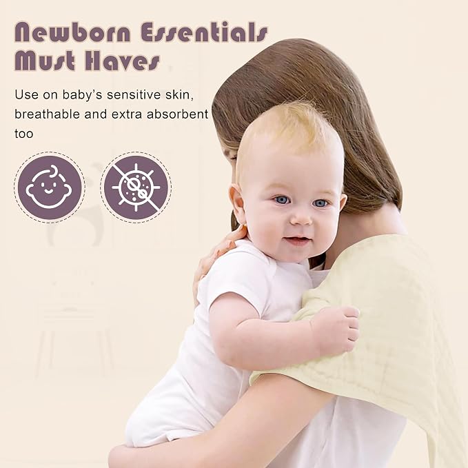 Ease Cubs Muslin Burp Cloths Large 100% Cotton Hand Washcloths for Boys & Girls, Baby Essentials Extra Absorbent and Soft Burping Rags for Newborn Registry (Ivory, 12-Pack, 20" X10")