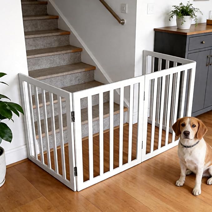 Dog Gate Indoor, Freestanding Dog Fence for The House, Doorways, Hallways,or Stairs,Pet Gate Foldable Wooden,Expandable 32" Height 6 Panels,White