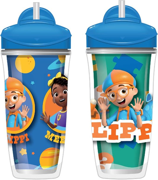 Playtex Baby Sipsters Straw Sippy Cup for 12+ Months, 9 Ounce (2 Count), Blue Blippi Design, Insulated Toddler Water Bottle for Kids, Spill-Proof Cups for Toddlers 1-3, Stage 3