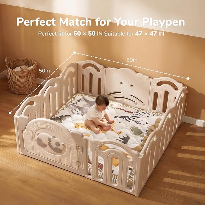 Momcozy Baby Play Mat for Floor, 50"x50" Thickened Playpen Mat, Playmate for Baby Tummy Time, Waterproof & Non-Slip, Foldable Outdoor Mat with Carrying Handle, Giraffe