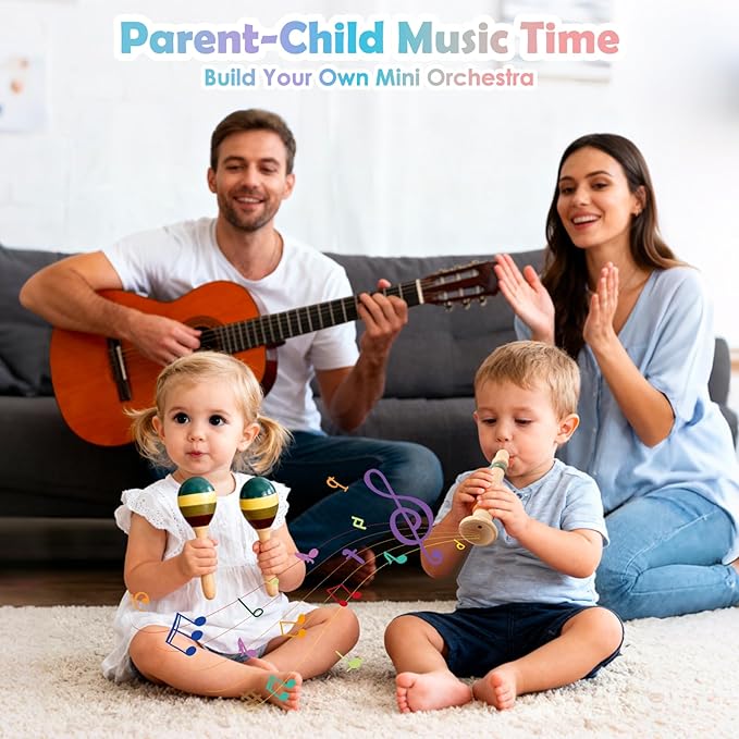 Wooden Musical Instruments Set for Toddlers 1??, Montessori Music Toys with Xylophone, Maracas & Tambourine, Soft Sound Indoor Percussion Toys, Early Learning Gift for Boys Girls