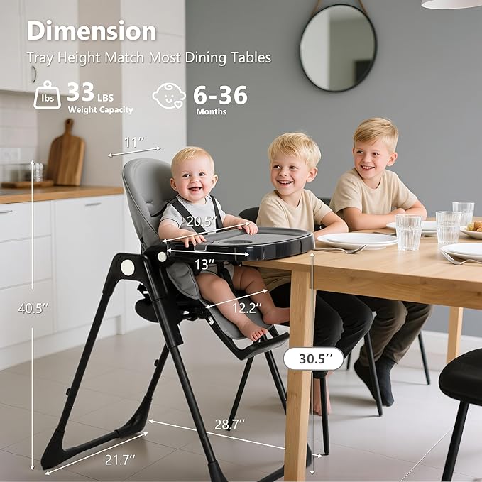 Kinder King Convertible High Chair for Babies & Toddlers, Adjustable Baby Feeding High Chair with Removable Double Tray, Simple Compact Fold for Space-Saving, 2 Built-in Wheels, Easy to Clean, Gray