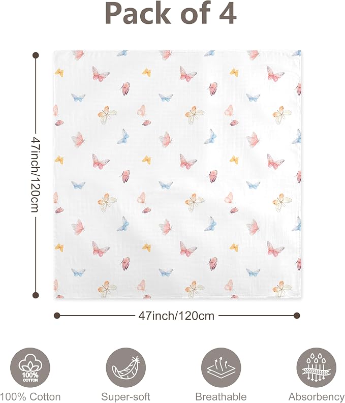 4-Pack Muslin Swaddle Blankets 47x47-100% Cotton Breathable Receiving Blankets for Newborn Baby, Soft Swaddling Wraps, Blossom Bow Garden