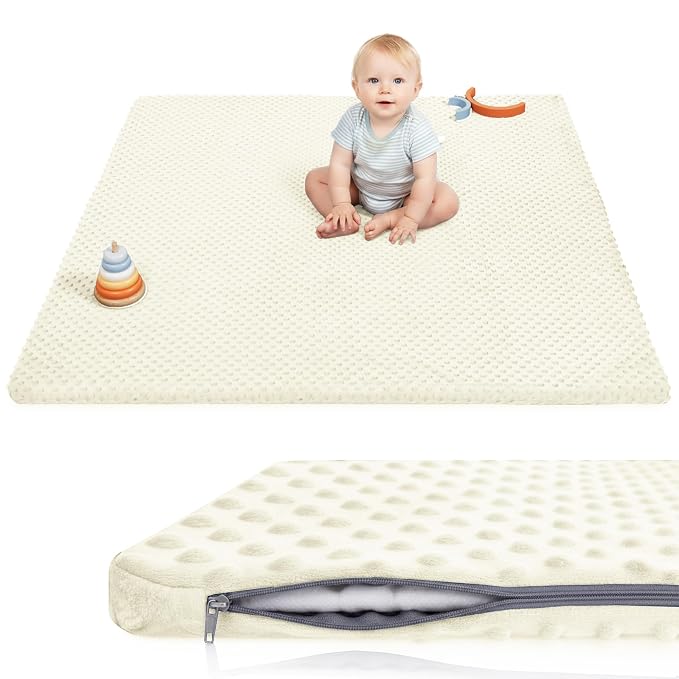 Baby Floor Play Mat for Playpen, Extra Thick 50x50 Inches Padded Mat with Ultra Soft 3D Minky Dot & Removable Washable Cover, Non-Slip & Safe for Crawling,Tummy Time,Infant/Toddler (Cream)