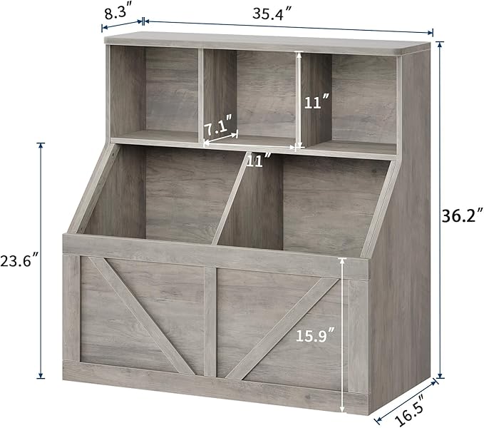 IDEALHOUSE Kids Bookshelf and Toy Storage, Toy Storage Organizer, Toy Organizer with Storage Cabinet and Toy Shelf, Toddler Book Shelf for Kids Rooms, Playroom, Bedroom, Nursery, Daycare, Washed Grey