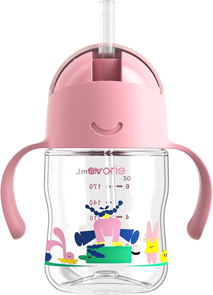 Evorie Tritan Weighted Straw Sippy Cup with Handles for Baby and Toddlers, Spill Proof Baby Water Bottle with Straw for 6 Months and up, 7 Oz, Infant Training Water Bottle (Pink Fairy Tale)