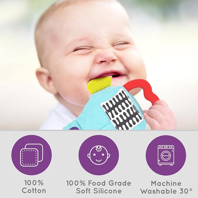Gummee Black and White Baby Teething Mitten Glove – High Contrast Teether for Babies 3–6 Months, Self-Soothing Chew Toy with Detachable Silicone Heart Teether, Wrist Teether, BPA Free
