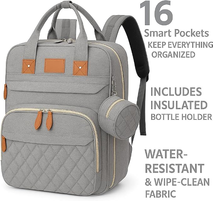 Diaper Bag Backpack – Large Waterproof Baby Bag with USB Charging Port, Changing Pad & Stroller Straps – Stylish, Durable & Hands-Free Travel Organizer for Moms & Dads (Grey)