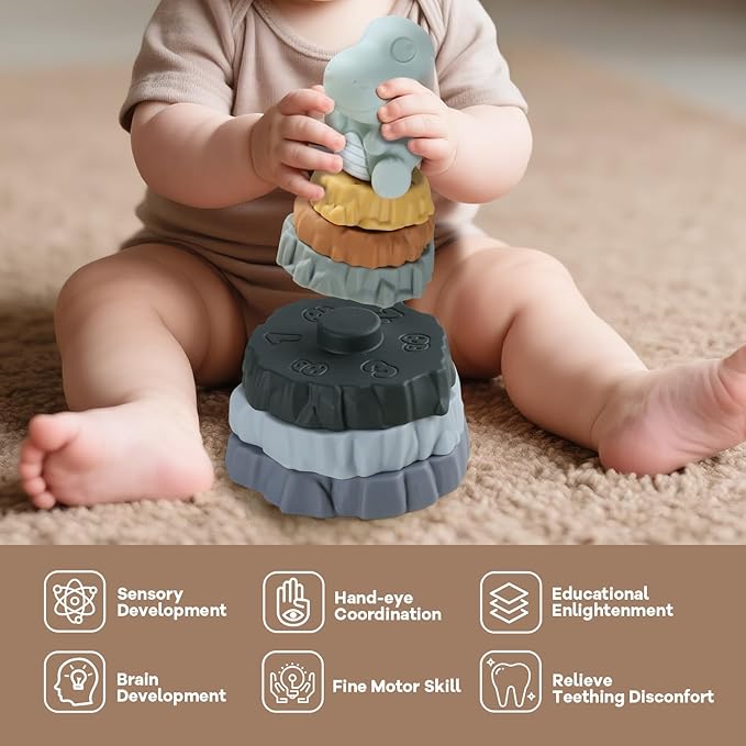 Stacking & Nesting Baby Teething Toy, 7 Pcs Soft Building Rings Stacker Toys with Dinosaur Figure, Newborn Essentials Sensory Learning Toys for 6+ Months Infant Toddler Boys Girls