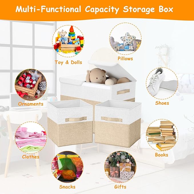 3 Pack Large Storage Bins Set 23" Toy Chest Storage with Lids and 11" Cubes Organizer Bins for Kids Bedroom Closet Shelf Organizer for Clothes Blankets Nursery Playroom(Beige White)