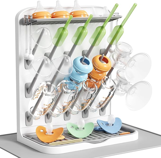 Lifewit Large Baby Bottle Drying Rack with Drain Mat & 15 Hooks, Newborn Essentials Must Haves, Countertop Holder Organizer for Baby Stuff, Rack Dryer for Pacifiers, Weighted Straws, Pump Parts