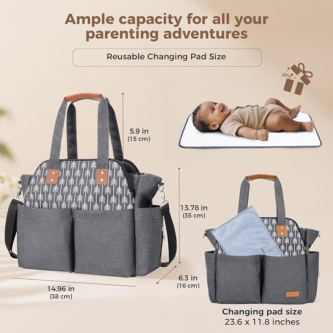 Lekebaby Diaper Bag Tote, 17 Pockets Large Travel Diaper Tote Waterproof with Portable Changing Pad, Mom Crossbody Hospital Bag for Labor Delivery, Baby Essentials for Newborn Gifts, Grey
