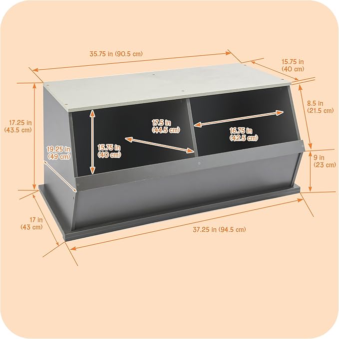 Badger Basket Two Bin Stackable Toy Storage Cubby Organizer for Kids, Playroom, Bedroom, or Nursery ??Wooden Toy Chest and Book Storage Unit ??Charcoal/Gray Woodgrain