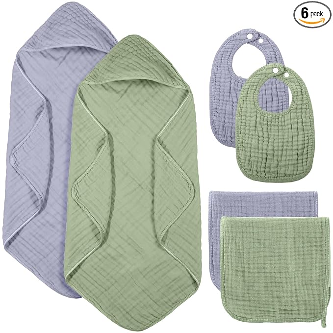 Hahafelt 6 Pcs Muslin Hooded Bath Towels Washcloths and Bibs Set, Muslin Cotton Baby Towels Absorbent Hooded Blanket Towel Infant Bibs for Boys Girls Newborn Infant Essential(Light Blue, Light Green)