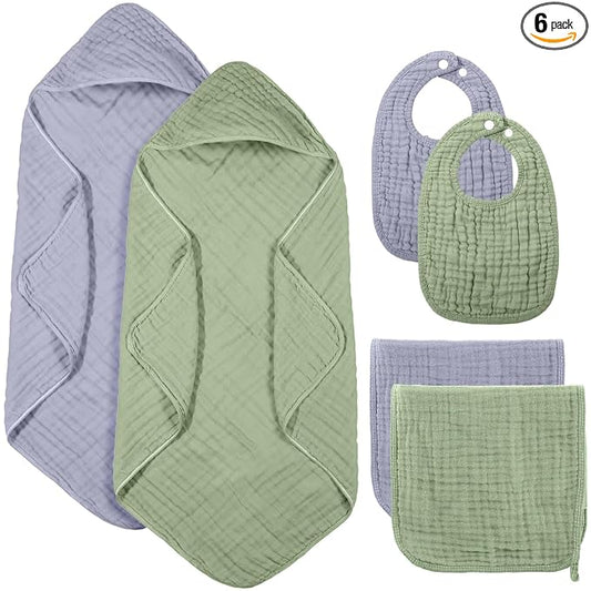 Hahafelt 6 Pcs Muslin Hooded Bath Towels Washcloths and Bibs Set, Muslin Cotton Baby Towels Absorbent Hooded Blanket Towel Infant Bibs for Boys Girls Newborn Infant Essential(Light Blue, Light Green)